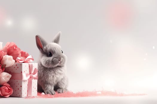 Valentine's Day blank space with cute rabbit gift boxes, roses, red heart, background generative ai