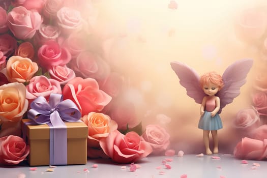 Valentine's Day blank space with cute angel gift boxes, roses, red heart, background generative ai