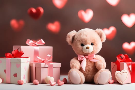 Valentine's Day blank space with cute bear gift boxes, roses, red heart, background generative ai