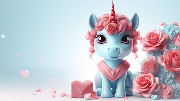 Valentine's Day blank space with cute unicorn gift boxes, roses, red heart, background generative ai