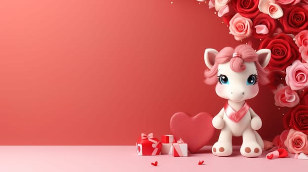 Valentine's Day blank space with cute unicorn gift boxes, roses, red heart, background generative ai