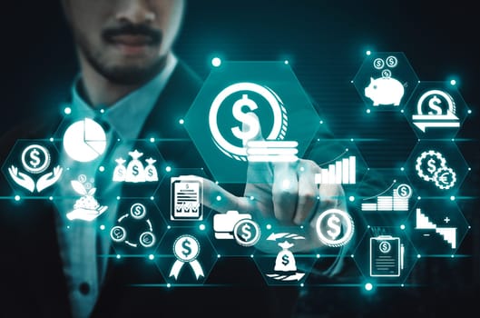 Finance and Money Transaction Technology Concept. Icon Graphic interface showing fintech trade exchange, profit statistics analysis and market analyst service in modern computer application. uds