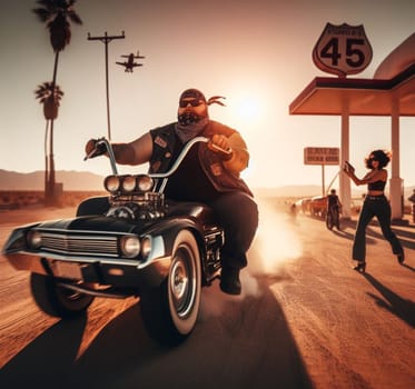 gang of pinup girl and plus size retro vandals in steampunk hot rods and tuned bikes burning rubber, wearing jeans and leather, gas station , desert road, comics illustration, mad max ai generated