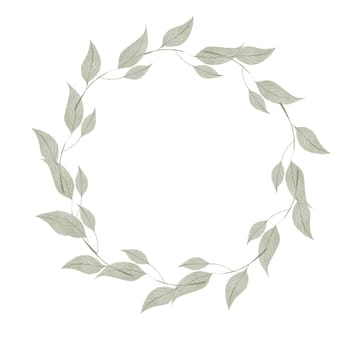 Watercolor round frame of delicate green branches isolate on a white background. Wreath of leaves for designing invitations, cards and tags. High quality illustration