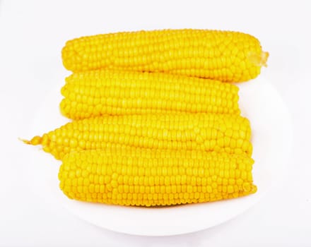 Fresh ears of corn in a plate on a white background