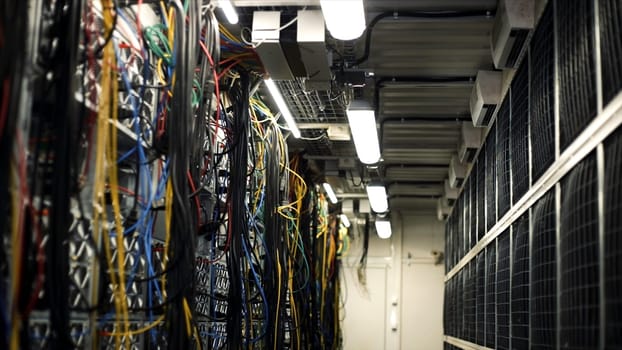 Inside room with data centers and cables. Stock footage. Room with data centers, cables and solar panels to absorb bright artificial lighting.
