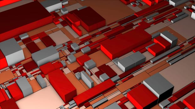 Colorful cubes on 3d surface. Motion. 3D projection of chip with colorful cubes. Abstract city plan or microchip made of cubes of different sizes.