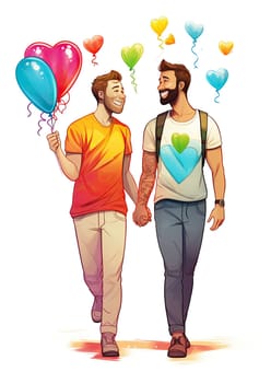 Illustration of two gay men holding hands and laughing with balloons in heart shape isolated on white background.
