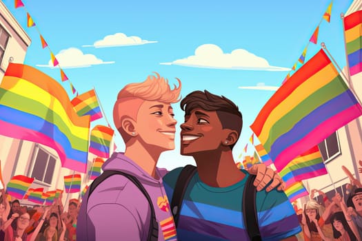 Cartoon illustration of a happy Gay couple hugging and smiling with rainbow colors on a gay festival.