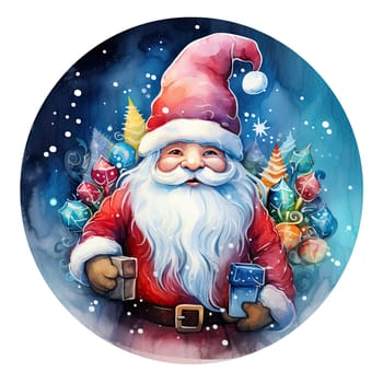 Circular illustration of a Christmas Gnome on watercolor style isolated on white background.