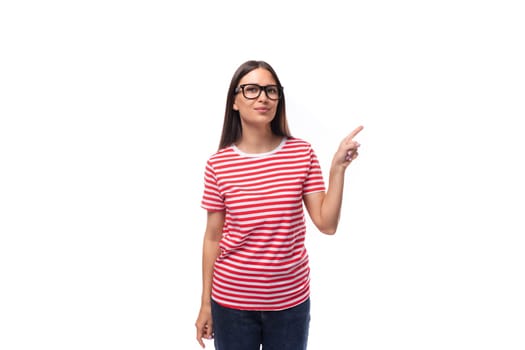 smart successful pretty 35 year old european lady wearing vision glasses and red striped t-shirt.