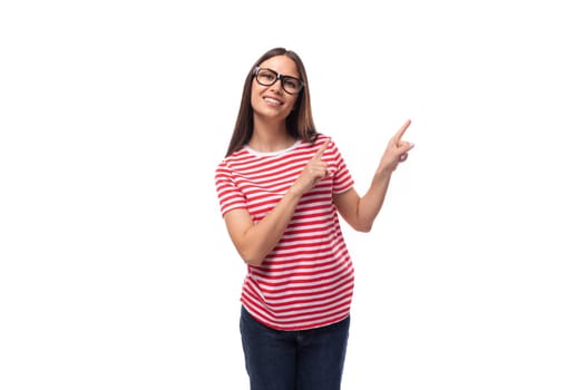 young well-groomed european promoter woman with straight black hair in glasses tells the news on a white background with copy space.