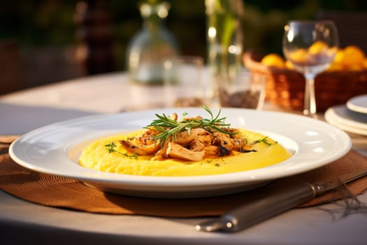 Typical italian winter dish consisting of polenta with roasted quail. Venetian cuisine.