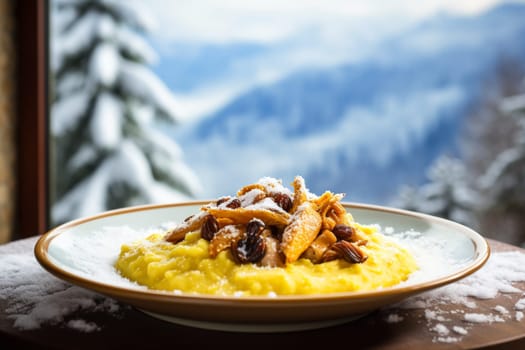 Typical italian winter dish consisting of polenta with roasted quail. Venetian cuisine.