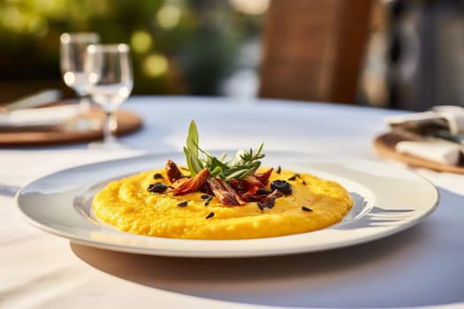 Typical italian winter dish consisting of polenta with roasted quail. Venetian cuisine.