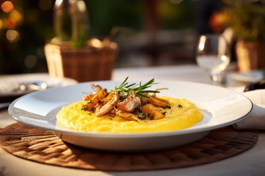 Typical italian winter dish consisting of polenta with roasted quail. Venetian cuisine.