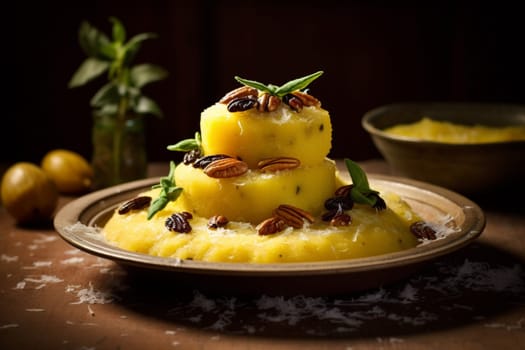 Typical italian winter dish consisting of polenta with roasted quail. Venetian cuisine.