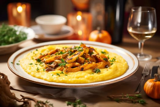 Typical italian winter dish consisting of polenta with roasted quail. Venetian cuisine.