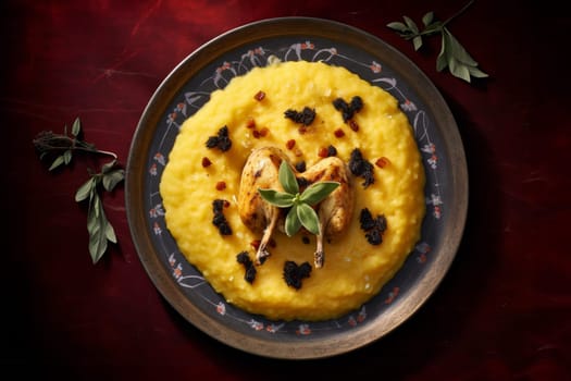 Typical italian winter dish consisting of polenta with roasted quail. Venetian cuisine.