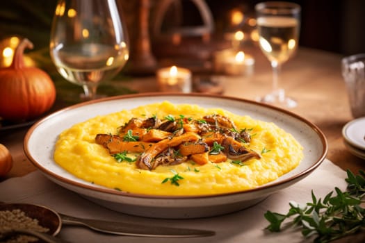 Typical italian winter dish consisting of polenta with roasted quail. Venetian cuisine.