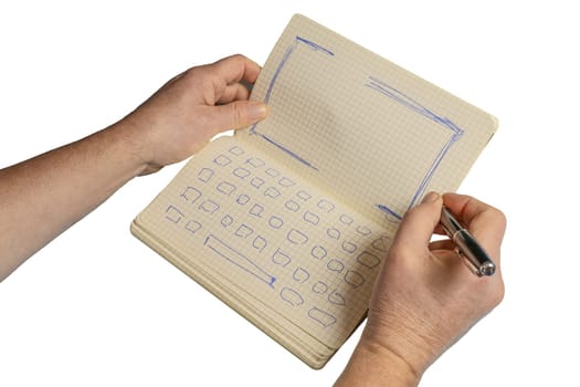 a paper notebook with the drawing of the keyboard and the screen of a notebook on a transparent background