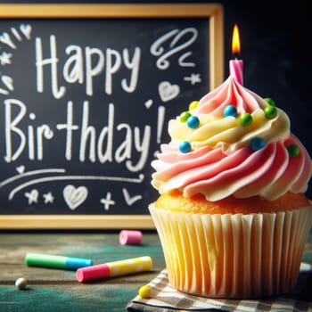 Birthday cupcake in front of a chalkboard. words HAPPY BIRTDAY!!! on chalk board. Macro lens