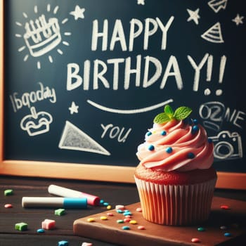 Birthday cupcake in front of a chalkboard. words HAPPY BIRTDAY!!! on chalk board. Macro lens