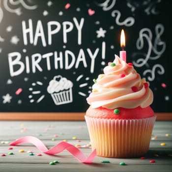 Birthday cupcake in front of a chalkboard. words HAPPY BIRTDAY!!! on chalk board. Macro lens