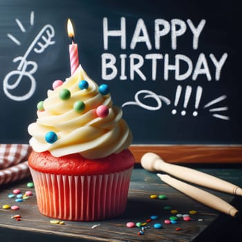 Birthday cupcake in front of a chalkboard. words HAPPY BIRTDAY!!! on chalk board. Macro lens