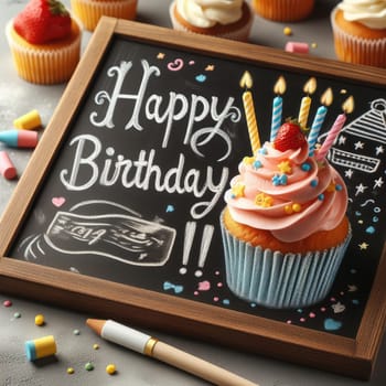 Birthday cupcake in front of a chalkboard. words HAPPY BIRTDAY!!! on chalk board. Macro lens