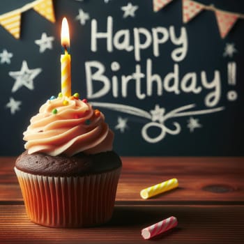 Birthday cupcake in front of a chalkboard. words HAPPY BIRTDAY!!! on chalk board. Macro lens