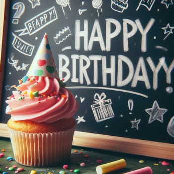 Birthday cupcake in front of a chalkboard. words HAPPY BIRTDAY!!! on chalk board. Macro lens