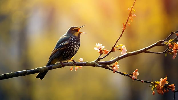 In early spring, a starling sings on a tree branch, AI generated.