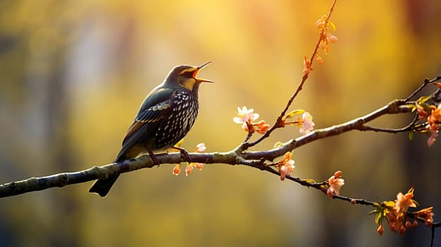 In early spring, a starling sings on a tree branch, AI generated.