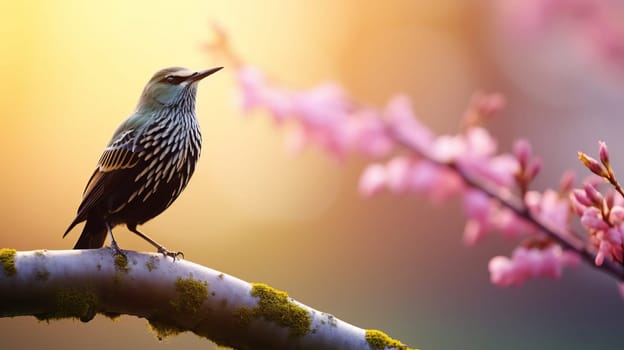 In early spring, a starling sings on a tree branch, AI generated.