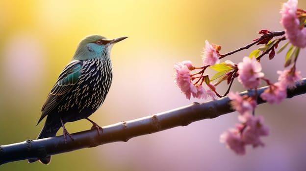 In early spring, a starling sings on a tree branch, AI generated.