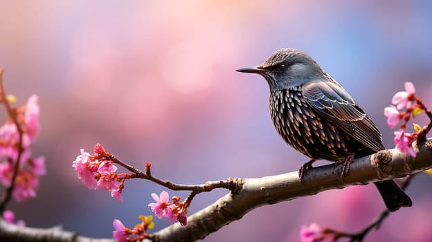 In early spring, a starling sings on a tree branch, AI generated.