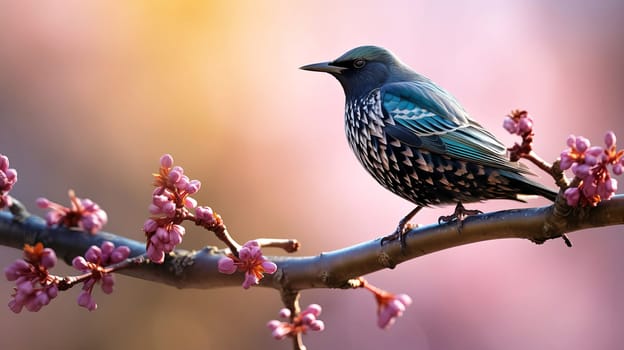 In early spring, a starling sings on a tree branch, AI generated.
