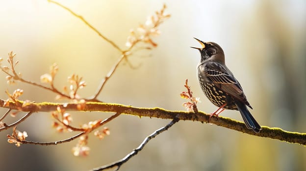 In early spring, a starling sings on a tree branch, AI generated.