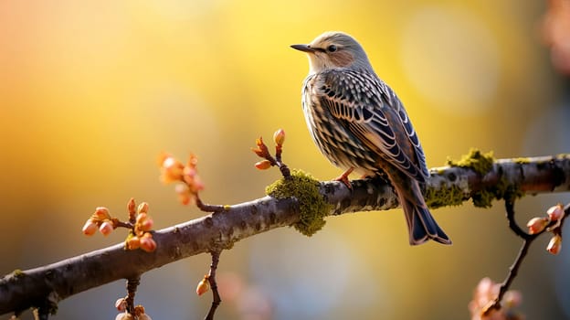 In early spring, a starling sings on a tree branch, AI generated.