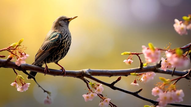 In early spring, a starling sings on a tree branch, AI generated.