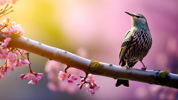 In early spring, a starling sings on a tree branch, AI generated.