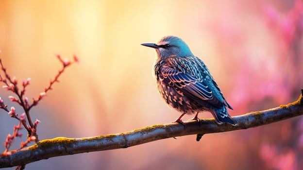 In early spring, a starling sings on a tree branch, AI generated.