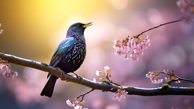 In early spring, a starling sings on a tree branch, AI generated.
