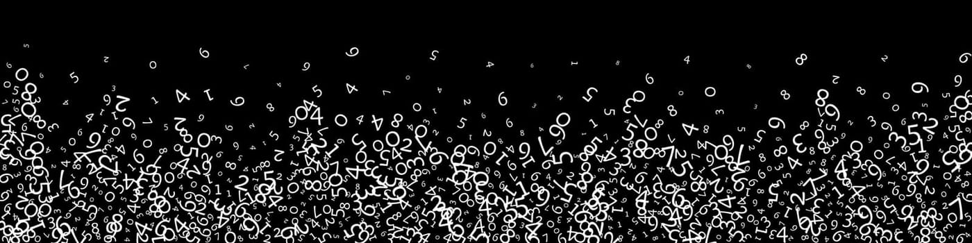 Falling numbers, big data concept. Binary white messy flying digits. Likable futuristic banner on black background. Digital illustration with falling numbers.