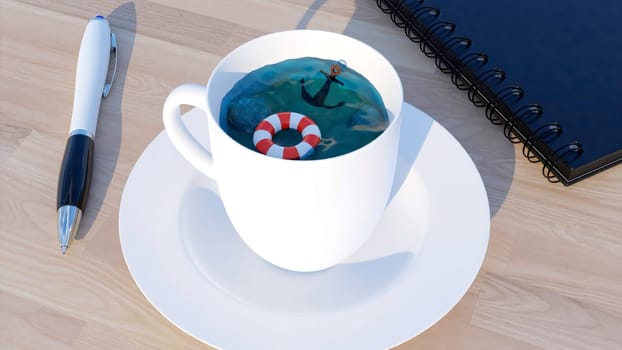 A white mug standing on the desktop. Design. An interesting still life made in animation where water is poured in a mug, a red lifeline and a black anchor. High quality 4k footage