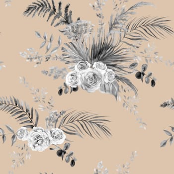 Seamless black and white monochrome watercolor pattern with herbarium of tropical palm leaves and delicate roses for textile and surface design