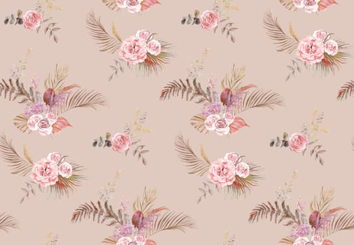 Watercolor seamless textile botanical pattern with delicate pink roses and dried flowers on a beige background for textile and surface design