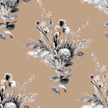 Botanical seamless black and white pattern with bouquet of dried protea flowers and tropical dried flowers on beige background