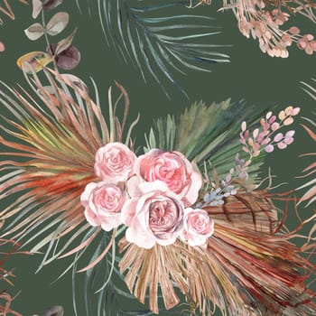 Seamless watercolor pattern with a Bouquet of dried flowers and a flower of delicate roses in Boho style drawn for summer clothing textiles and surface design